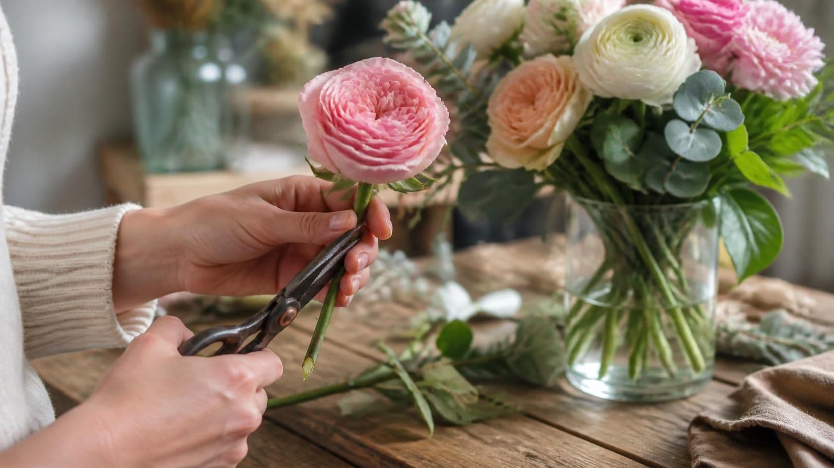 Close-up of a florist trimming a pink garden rose on a rustic wooden table, with a glass vase of fresh mixed flowers softly blurred in the background, lit by warm natural window light for a cozy coastal cottage feel.