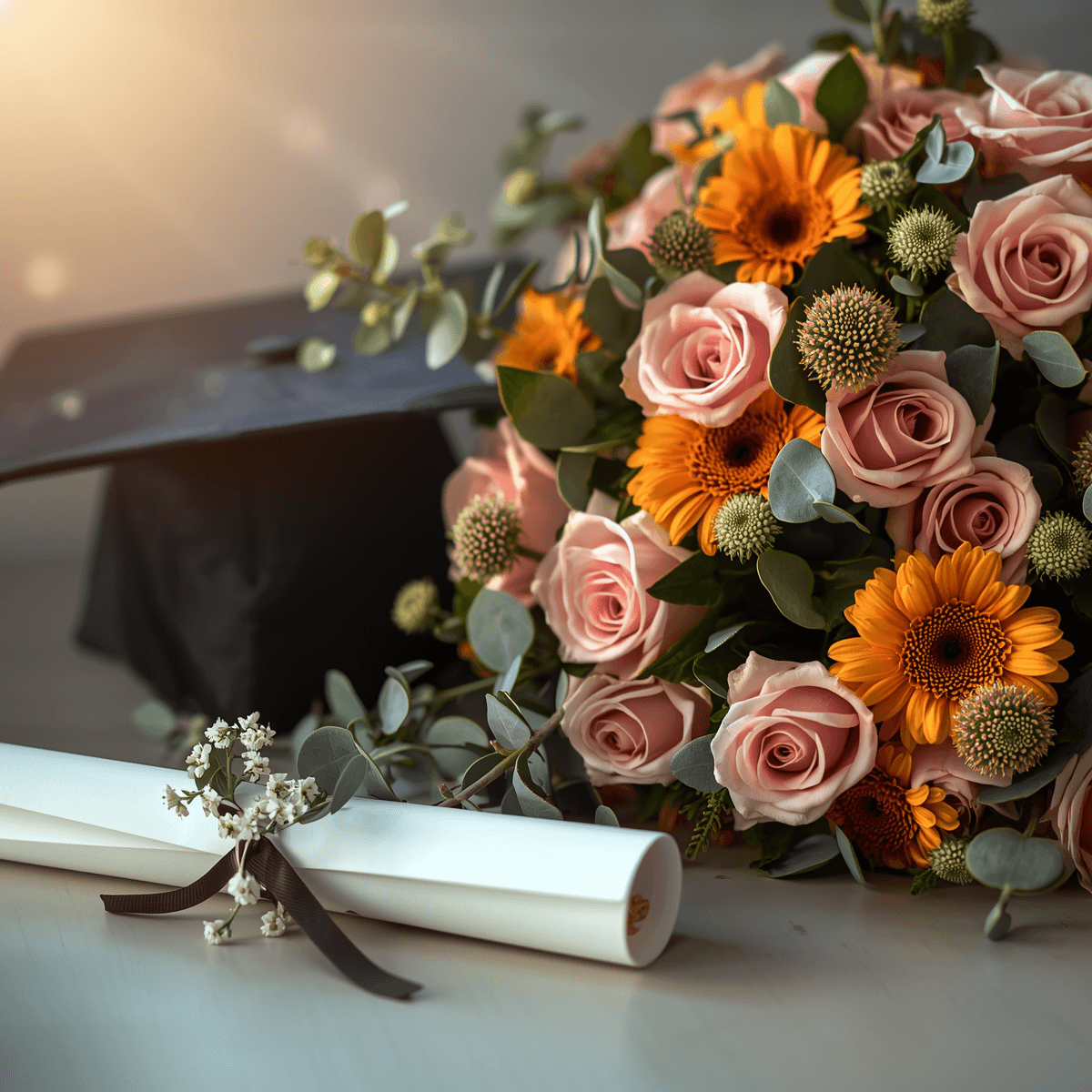Graduation cap and diploma beside a pink rose and gerbera daisy bouquet on a wood table