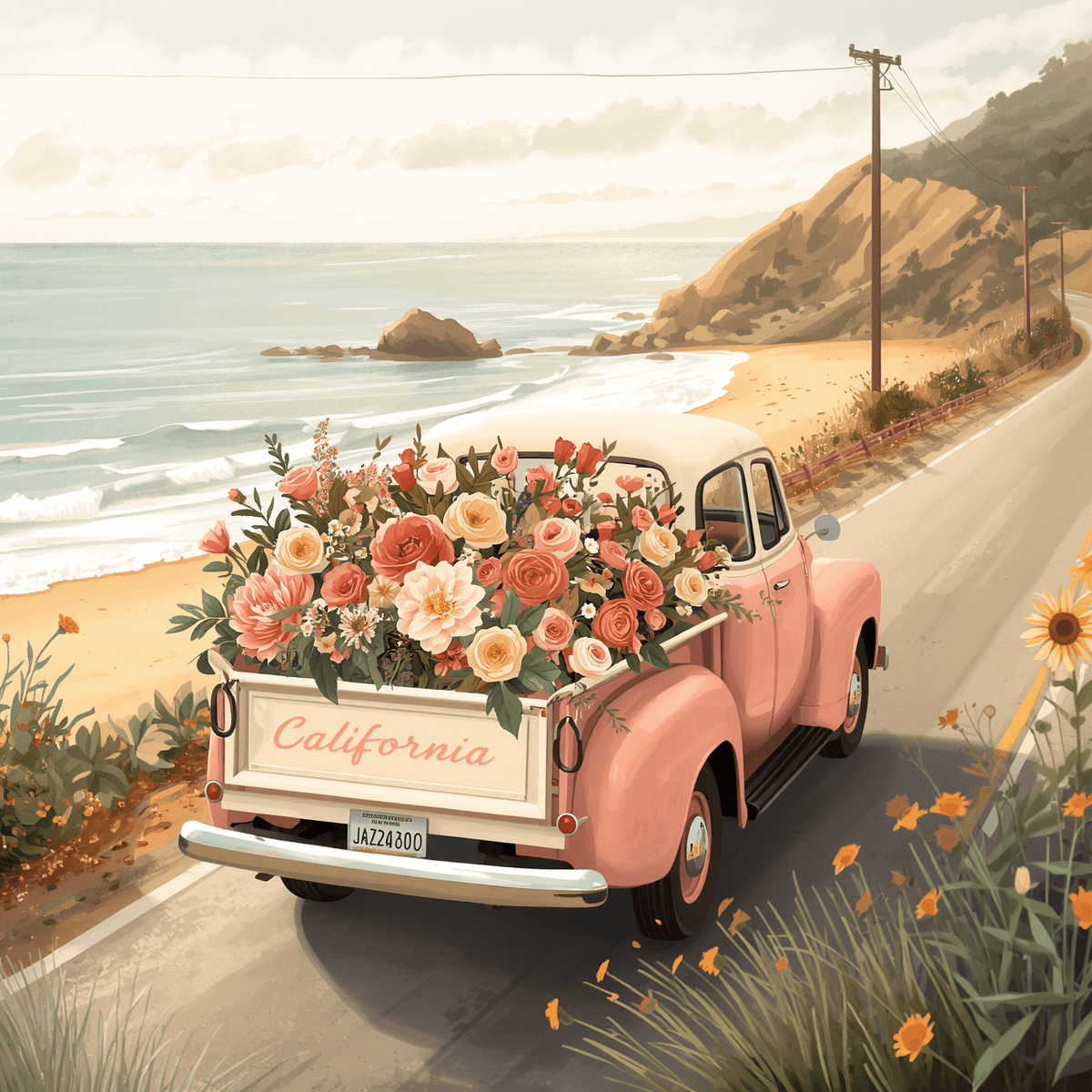 Vintage pastel flower delivery truck driving along a sunny California coastal highway with colorful bouquets overflowing from the truck bed, ocean in the background